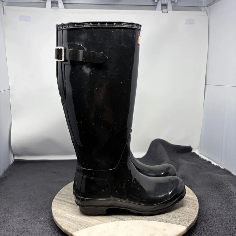 Hunter Original Tall Gloss Rain Boots Black Waterproof Womens US 7 Adjustable